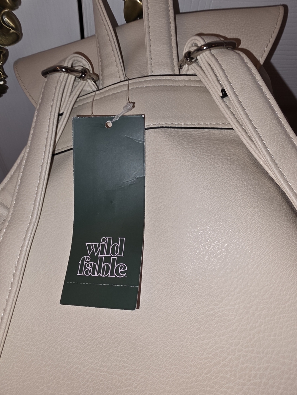 Cream Drawstring Backpack with Studded Straps - Picture 3 of 4